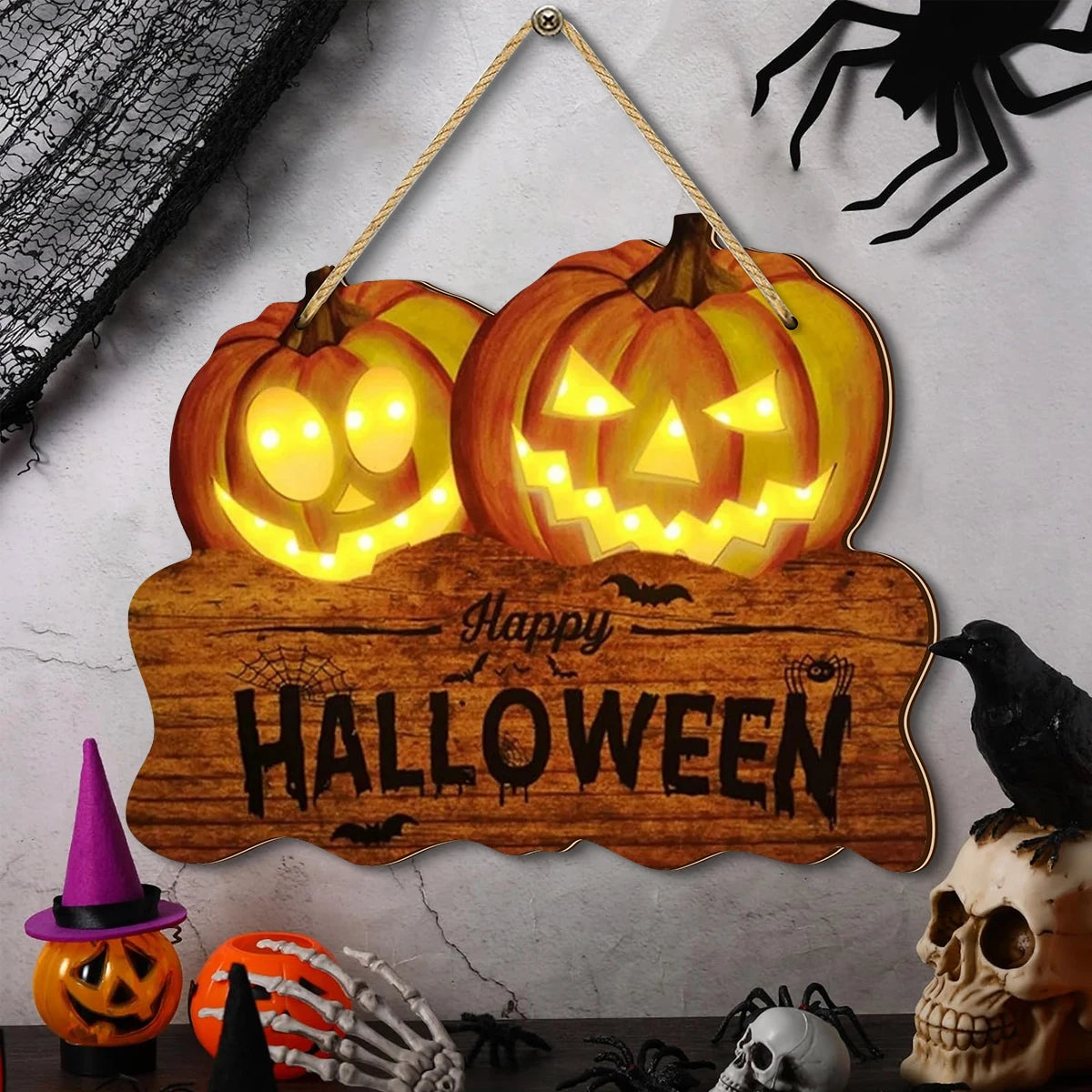 Light - up Wooden Halloween Sign with Two Pumpkin Jack