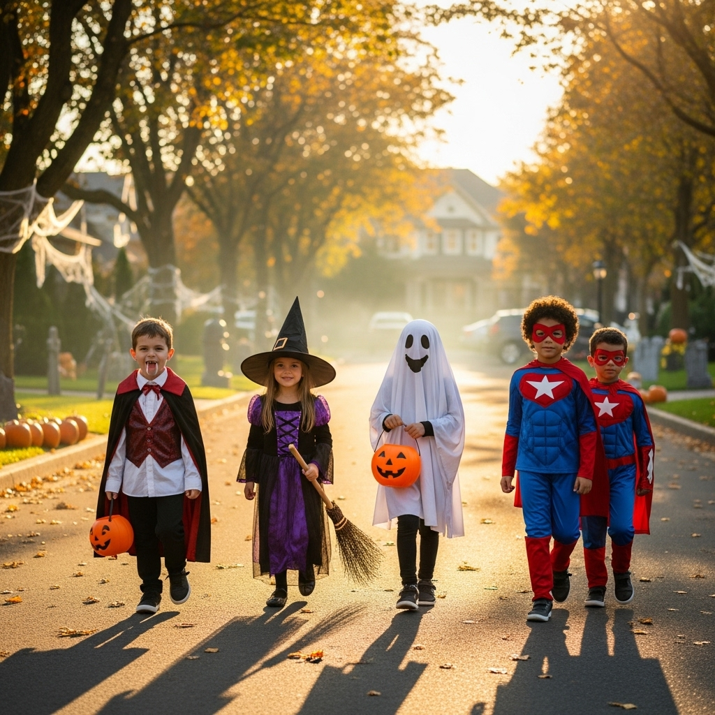 Group of kids in Halloween costumes walking down a decorated street at sunset, dressed as a vampire, witch, ghost, and superheroes, carrying pumpkin buckets for trick-or-treat