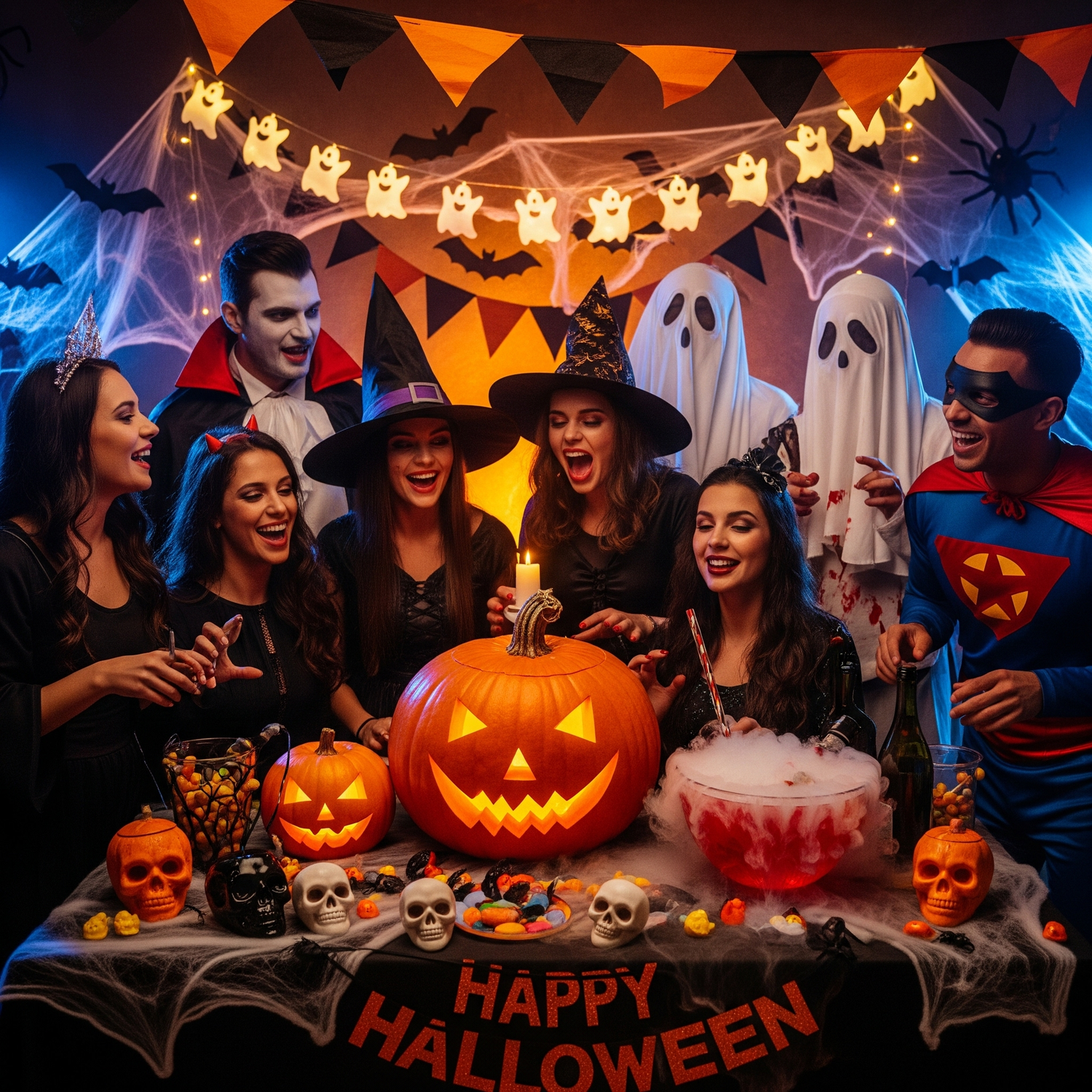 Group of friends in Halloween costumes including witches, vampire, ghosts, devil, and superhero celebrating at a party with pumpkins, skulls, candy, and spooky decorations.