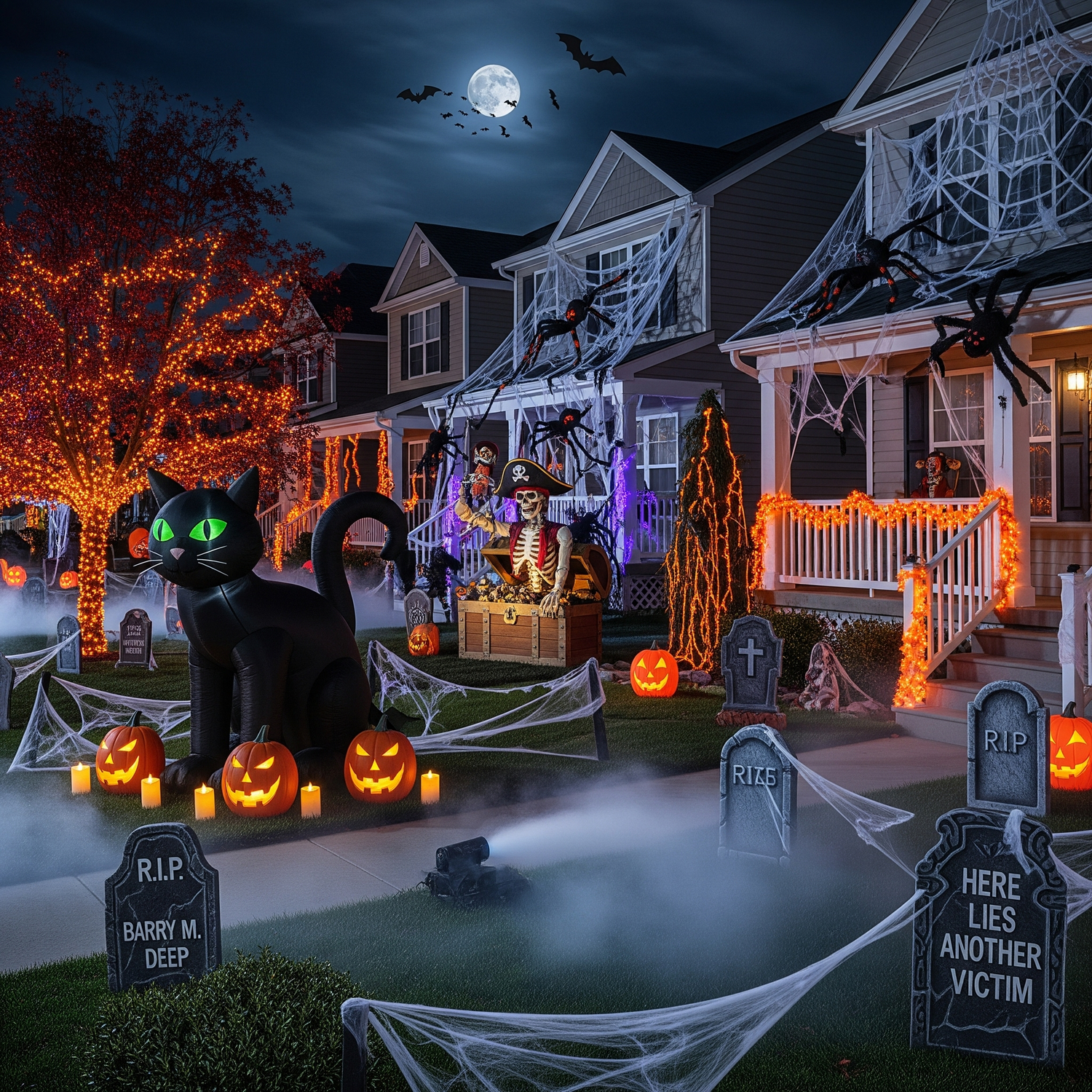 Front yard Halloween decorations with giant black cat inflatable, glowing jack-o’-lanterns, skeleton pirate, spider webs, gravestones, orange string lights, fog effects, and full moon night setting.