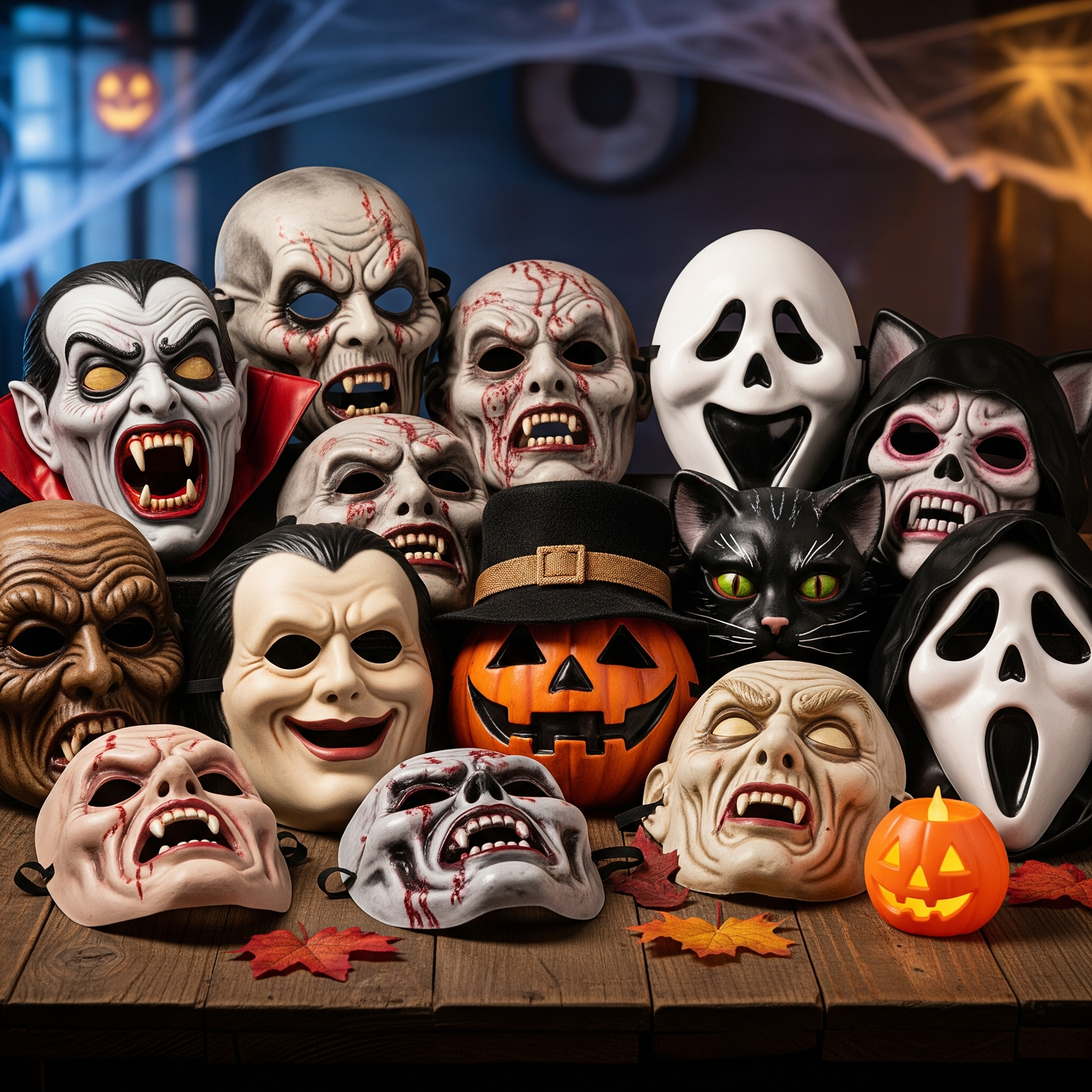 Collection of Halloween masks including vampire, zombie, skeleton, ghost, pumpkin, black cat, and scary clown designs displayed on a wooden table with spooky decorations.