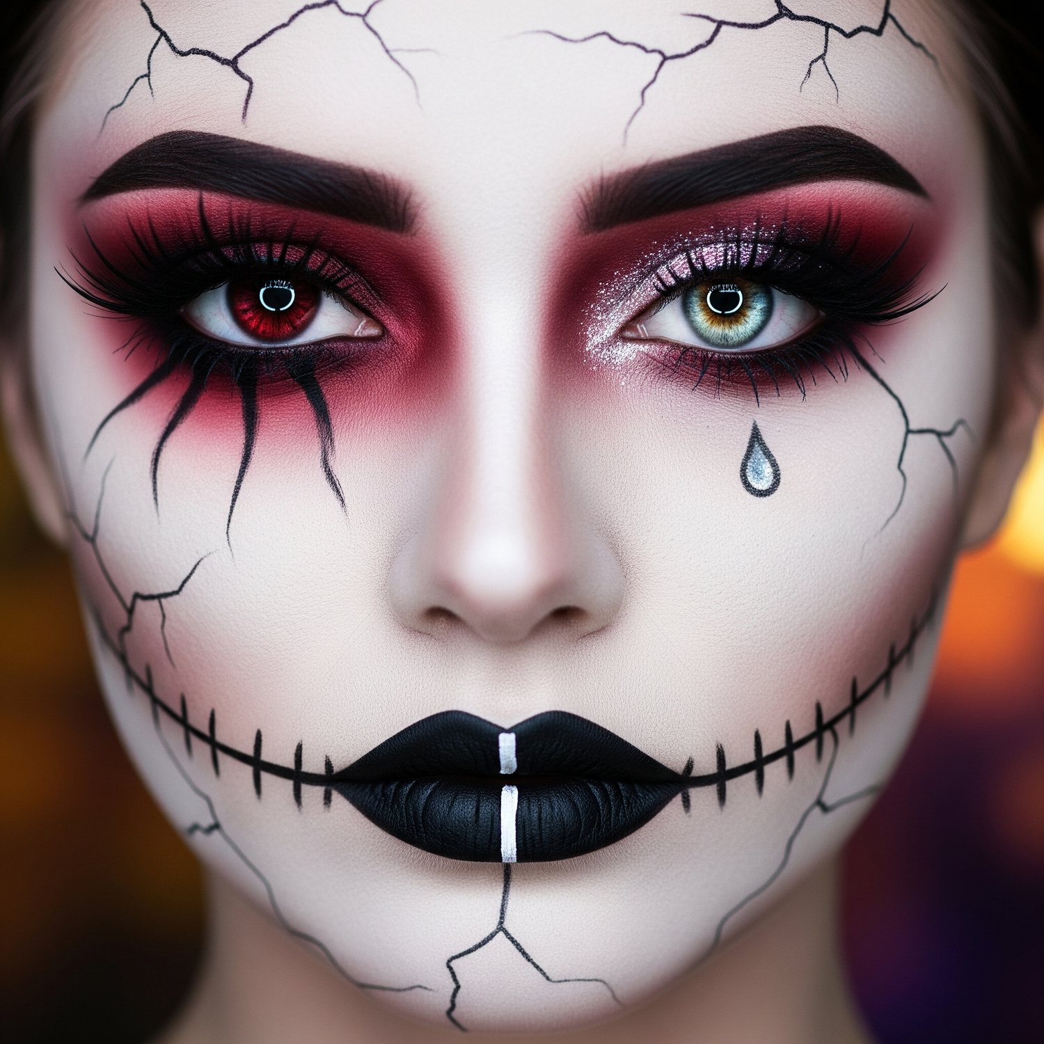 Close-up of woman with Halloween makeup featuring cracked porcelain doll effect, dramatic red and black eye shadow, stitched black lips, tear drop design, and colored contact lenses.