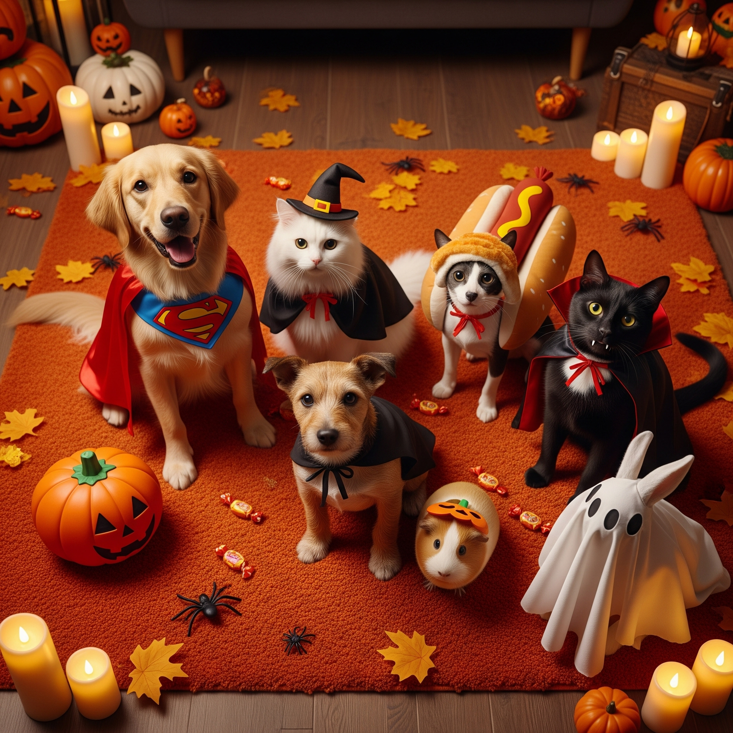 Group of pets in Halloween costumes including dog in superhero cape, cat in witch hat, dog in hotdog outfit, black cat vampire, guinea pig pumpkin, and guinea pig ghost surrounded by pumpkins and candles.