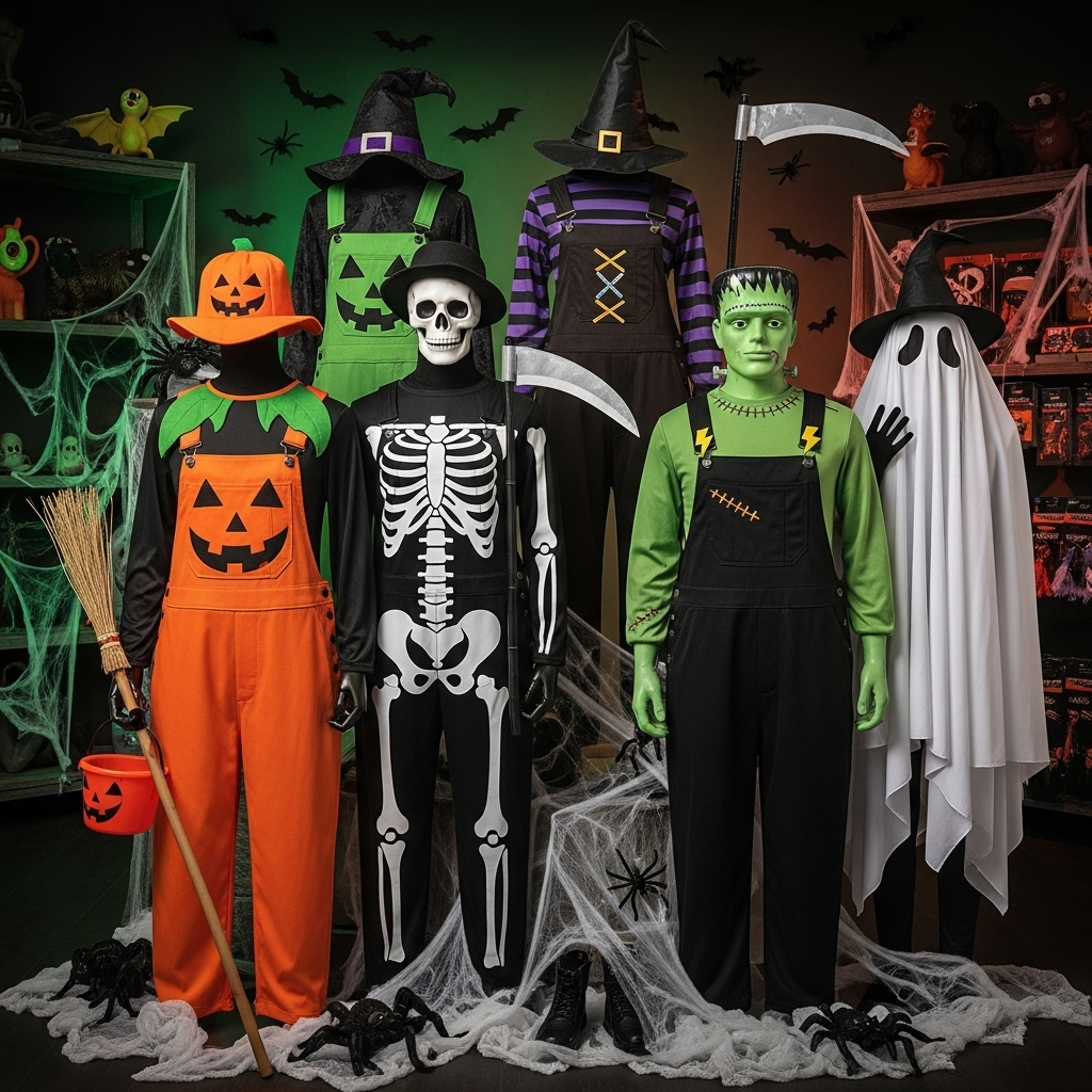 Mannequins dressed in Halloween costumes including pumpkin, skeleton, witch, Frankenstein, and ghost outfits, displayed in a spooky store setting with cobwebs, bats, and spiders.