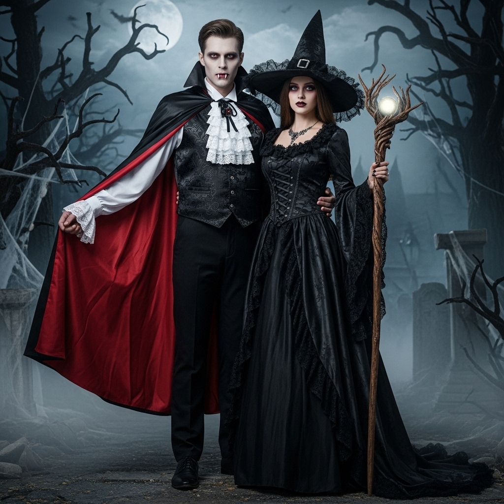 Couple in Halloween costumes dressed as a vampire and a witch, standing together in a spooky graveyard setting with dark trees, cobwebs, and a full moon.