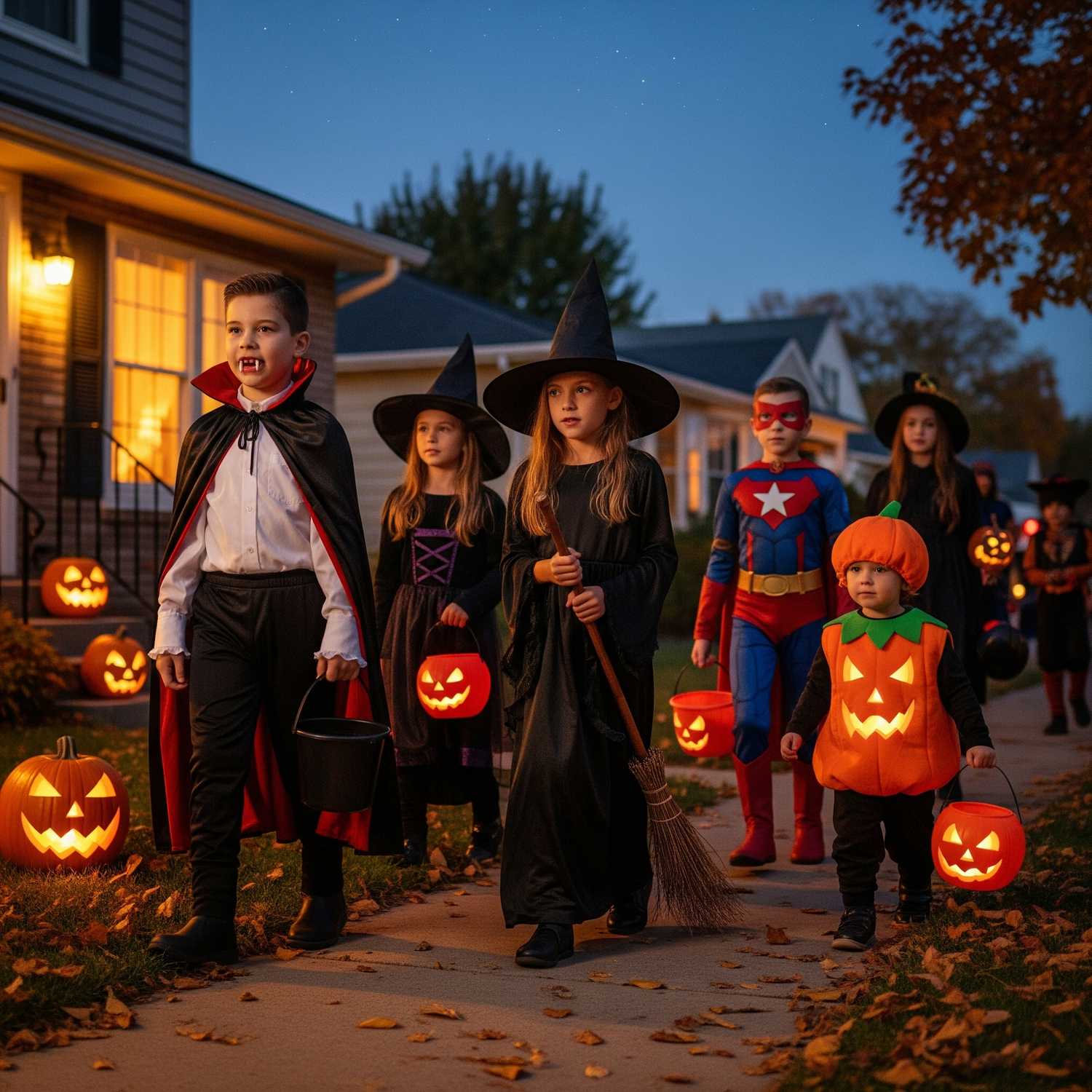 Children in Halloween costumes standing outside a house with lit pumpkins.