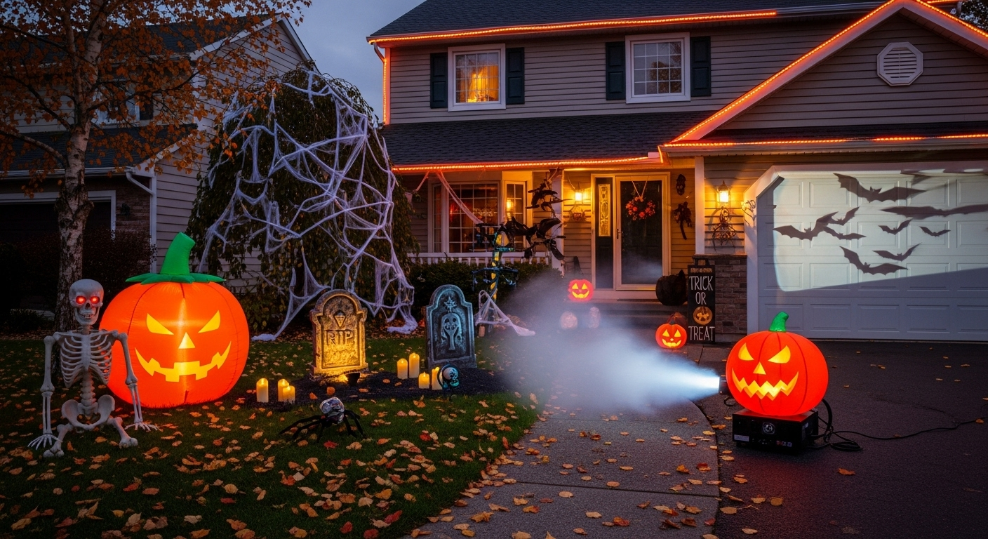 Halloween decorations outside a house with pumpkins, skeletons, and a projector displaying bats.