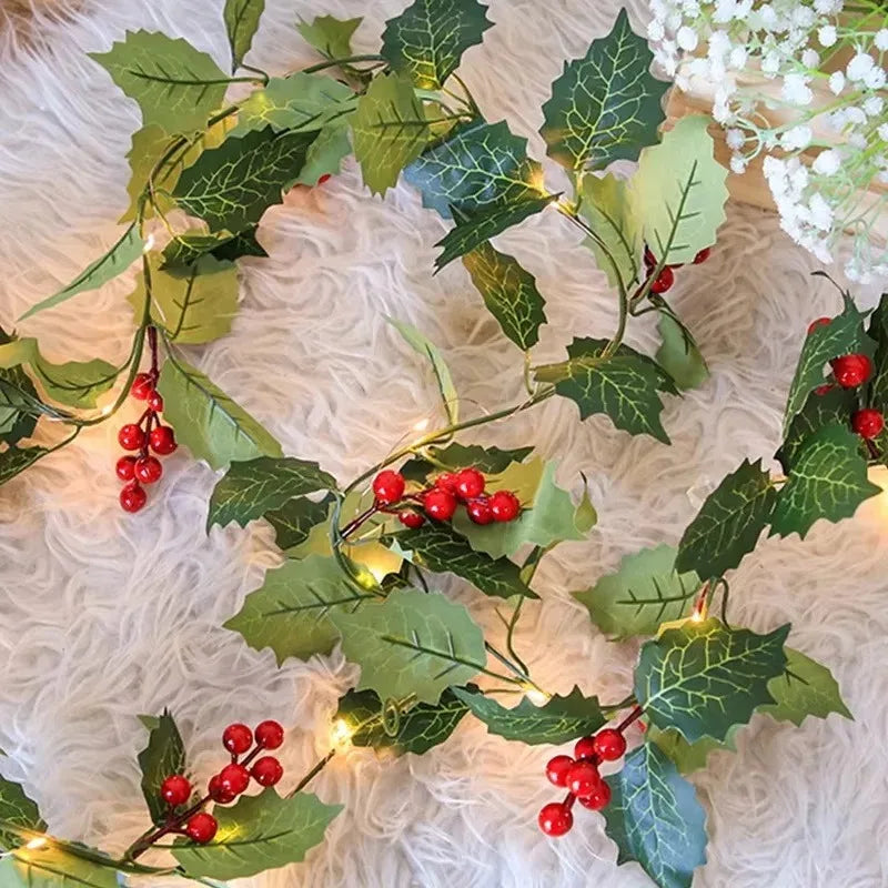 Christmas Holly Berry Vines Fake Green Leaves Hanging Garlands with Light Strings f