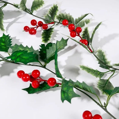 Christmas Holly Berry Vines Fake Green Leaves Hanging Garlands with Light Strings f