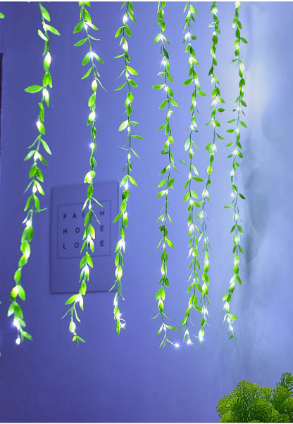 Willow Leaves Green Plants Rattan Strips Curtain Led Lights