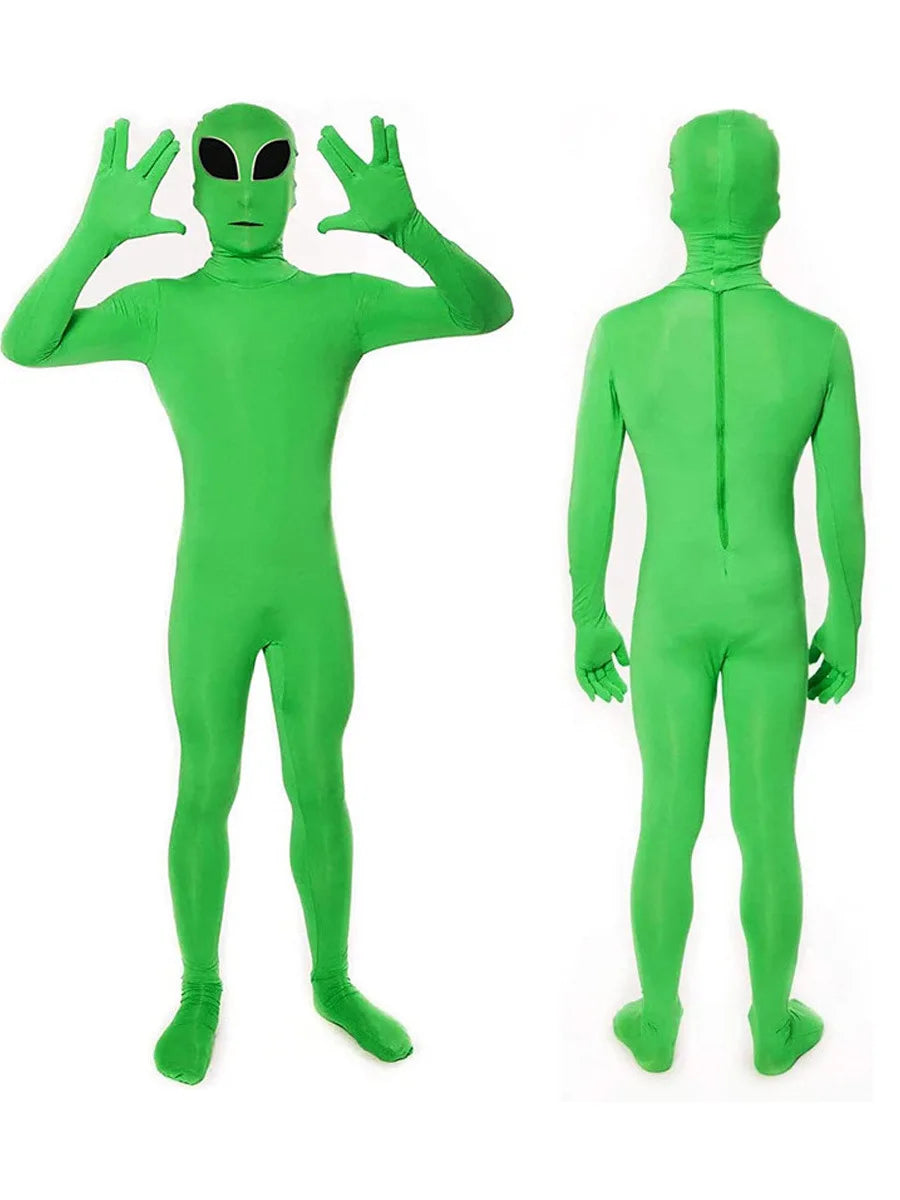 Halloween Mascot Cartoon Human Character Costume green Alien jumpsuit Costume for Adult