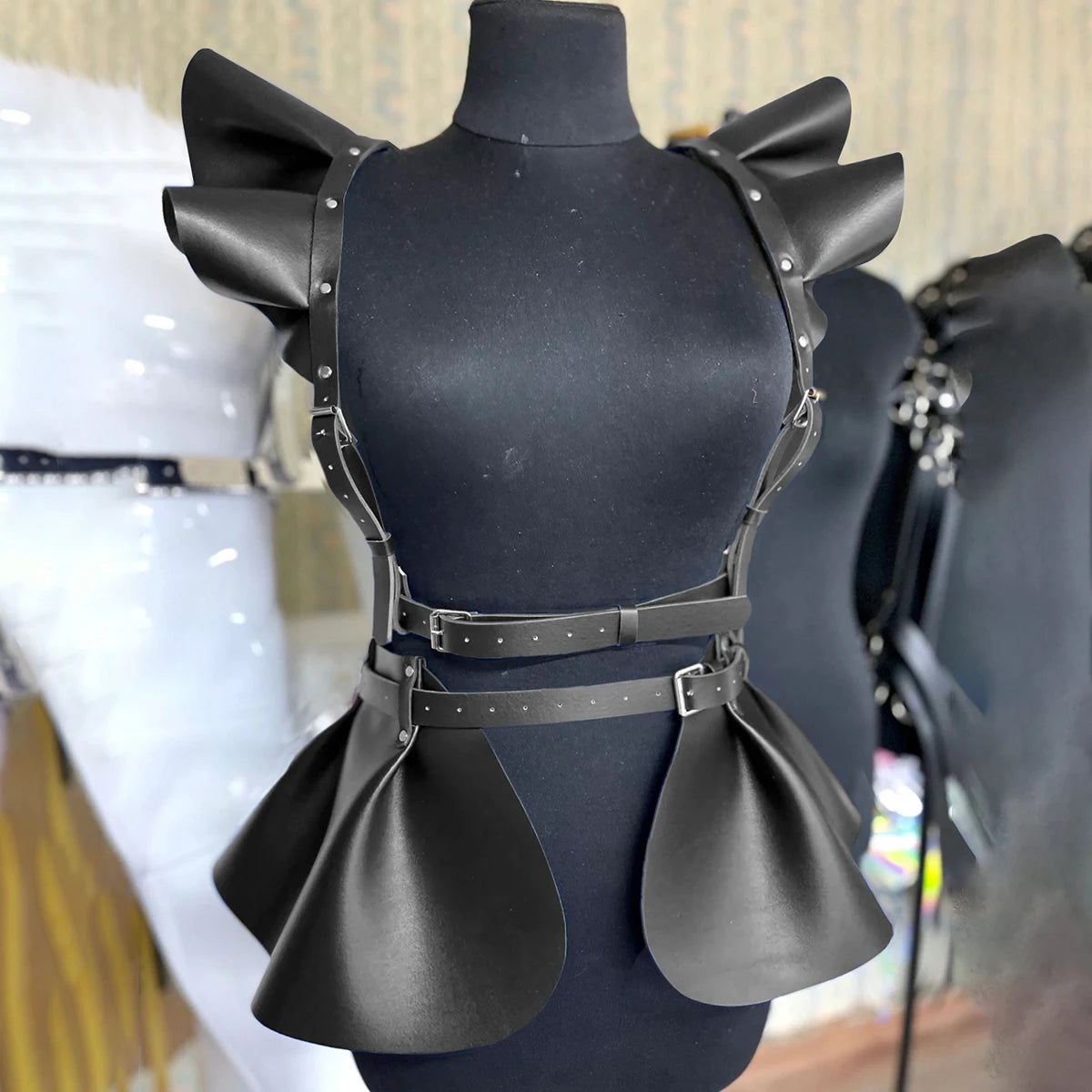 Leather Body Harness Belt Skirt With Ruffle Hem Gothic Style