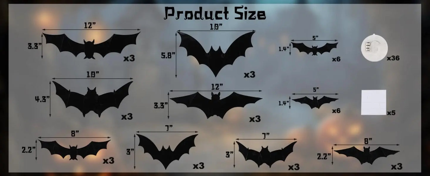 12-24-36 pcs Halloween Bats Wall Decor - Lighted 3D Bat Stickers for Party Window Door