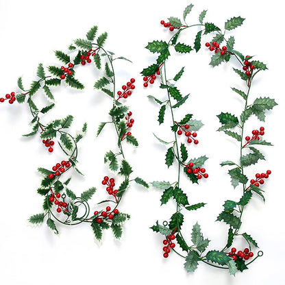 Artificial Holly Leaves Red Berries Ivy Vine Garland