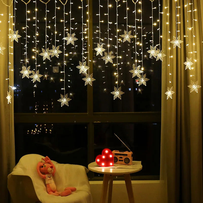 3.2M Christmas Snowflakes LED String Lights Flashing Fairy Curtain Lights