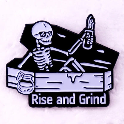 Rise And Grind Enamel Pins Skull Brooch