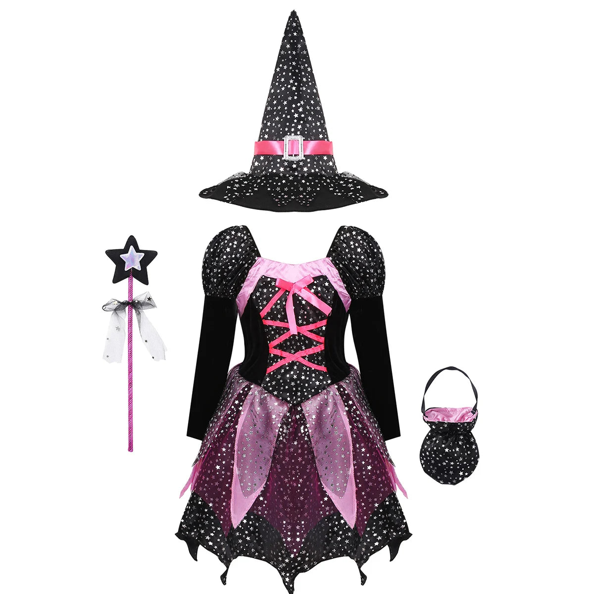4 Pieces Witch Clothing Set Dress+Hat+Wand+Bag