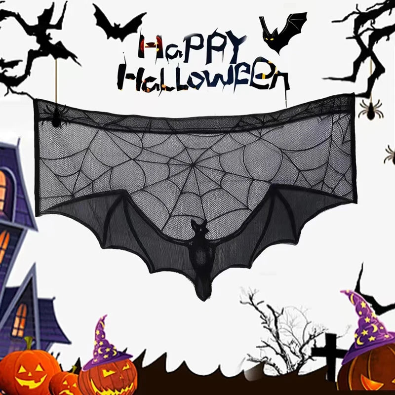 1pc Halloween Lace Curtain Black Bat Spider