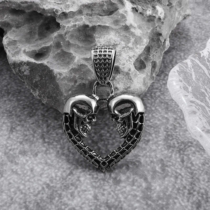 Vintage Gothic Double Skull Heart Pendant Necklace for Men and Women