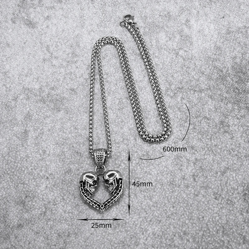 Vintage Gothic Double Skull Heart Pendant Necklace for Men and Women