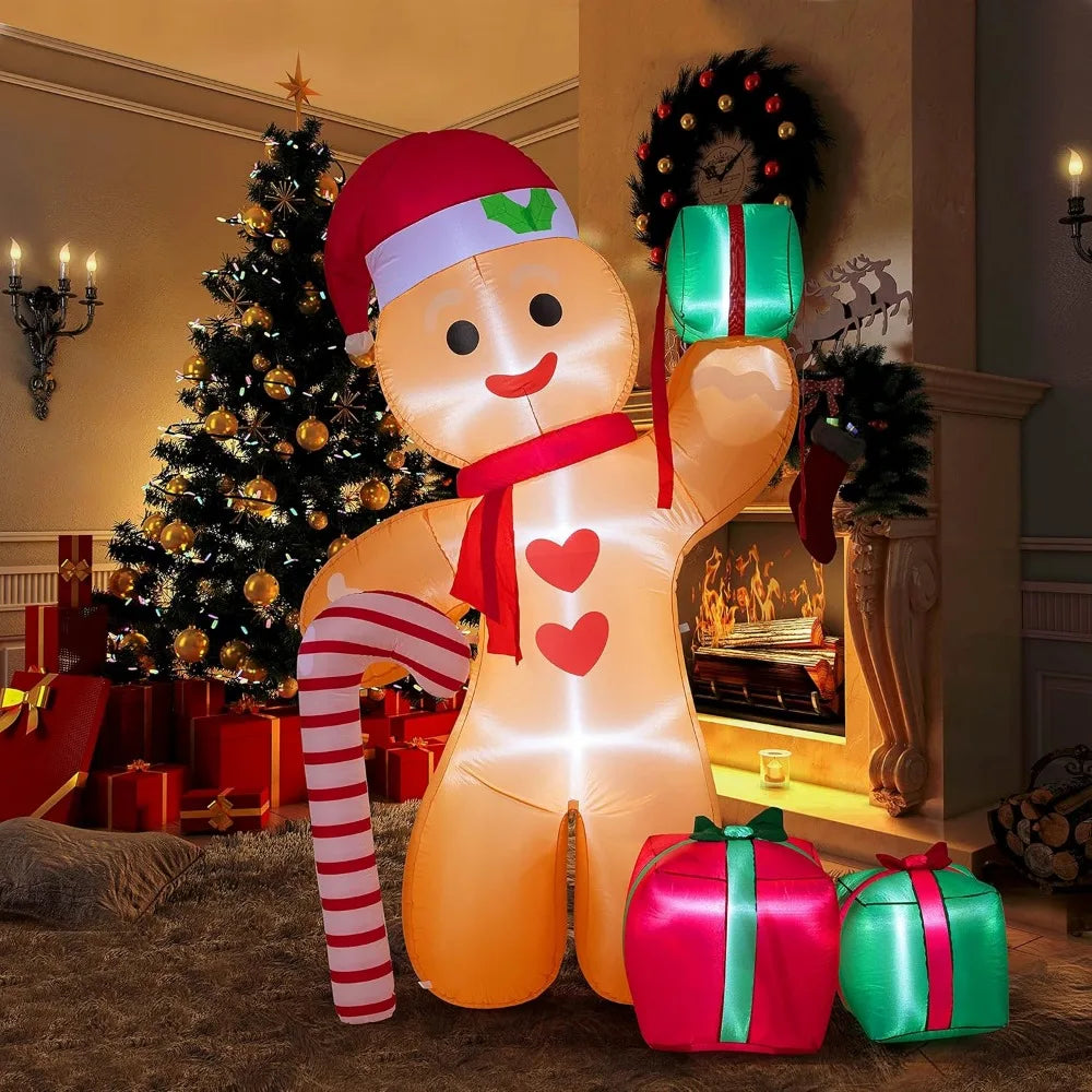 8FT Inflatable Gingerbread Man with Candy Cane and Three Gift Boxes