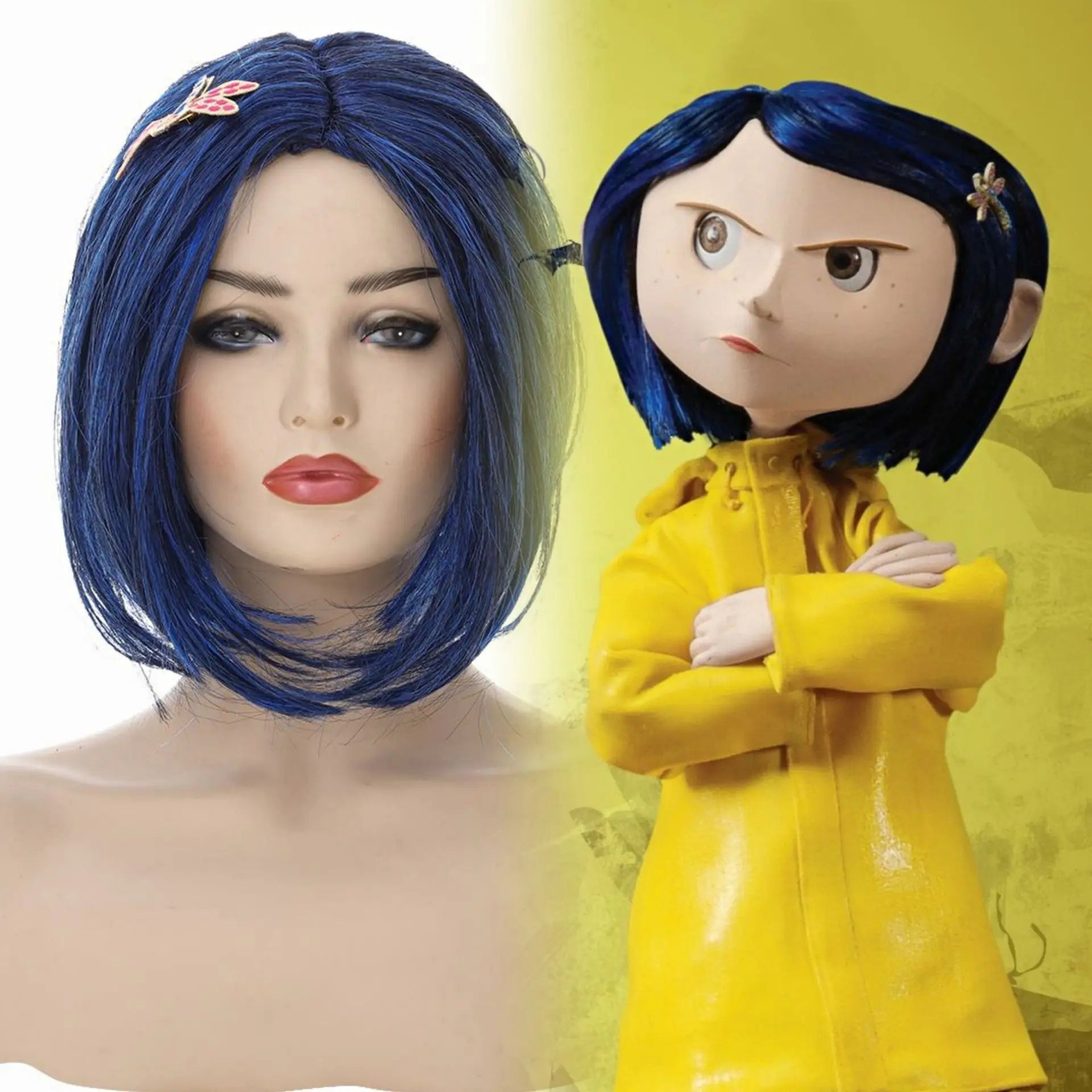 Fairytale Movies Coraline Cosplay Costume Wig Yellow Coat for Adults and Kids - Festivewarehouse™