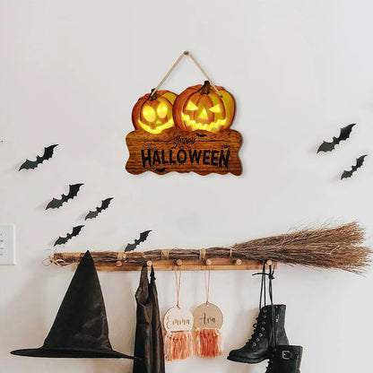 Light - up Wooden Halloween Sign with Two Pumpkin Jack