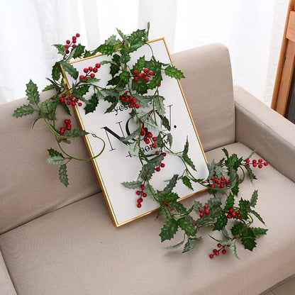 Artificial Holly Leaves Red Berries Ivy Vine Garland