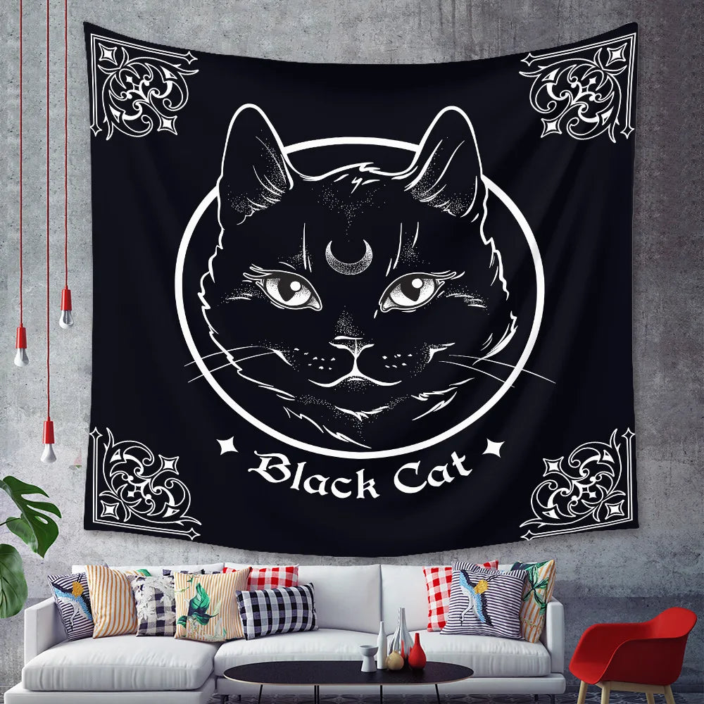 Home decor black cat tapestry moon goth tattoo halloween art wall hanging