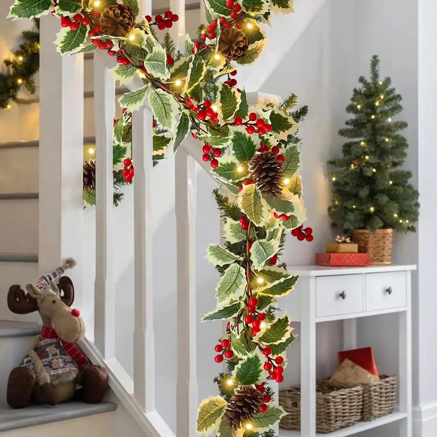 Christmas Holly Berry Vines Fake Green Leaves Hanging Garlands with Light Strings f