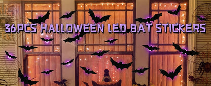 12-24-36 pcs Halloween Bats Wall Decor - Lighted 3D Bat Stickers for Party Window Door
