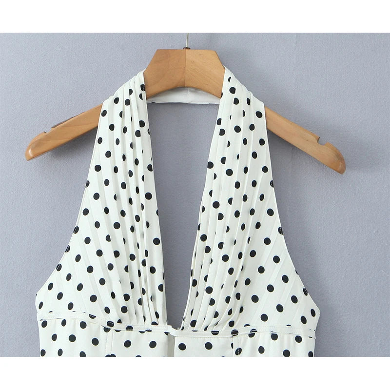 YENKYE French Style Retro Polka Dot Deep V Halter Dress