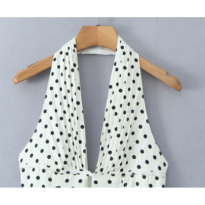 YENKYE French Style Retro Polka Dot Deep V Halter Dress