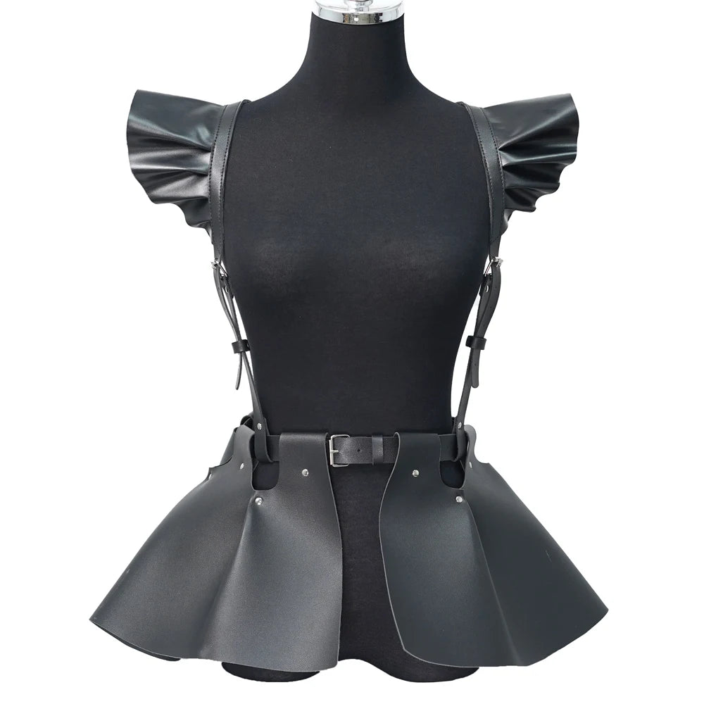 Leather Body Harness Belt Skirt With Ruffle Hem Gothic Style