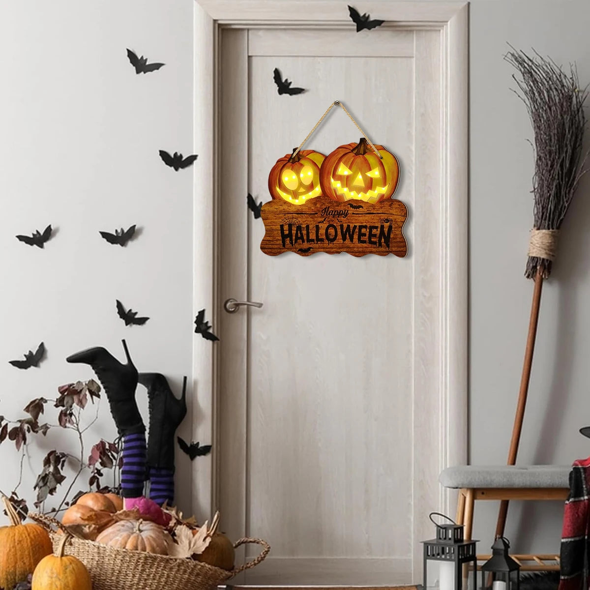 Light - up Wooden Halloween Sign with Two Pumpkin Jack
