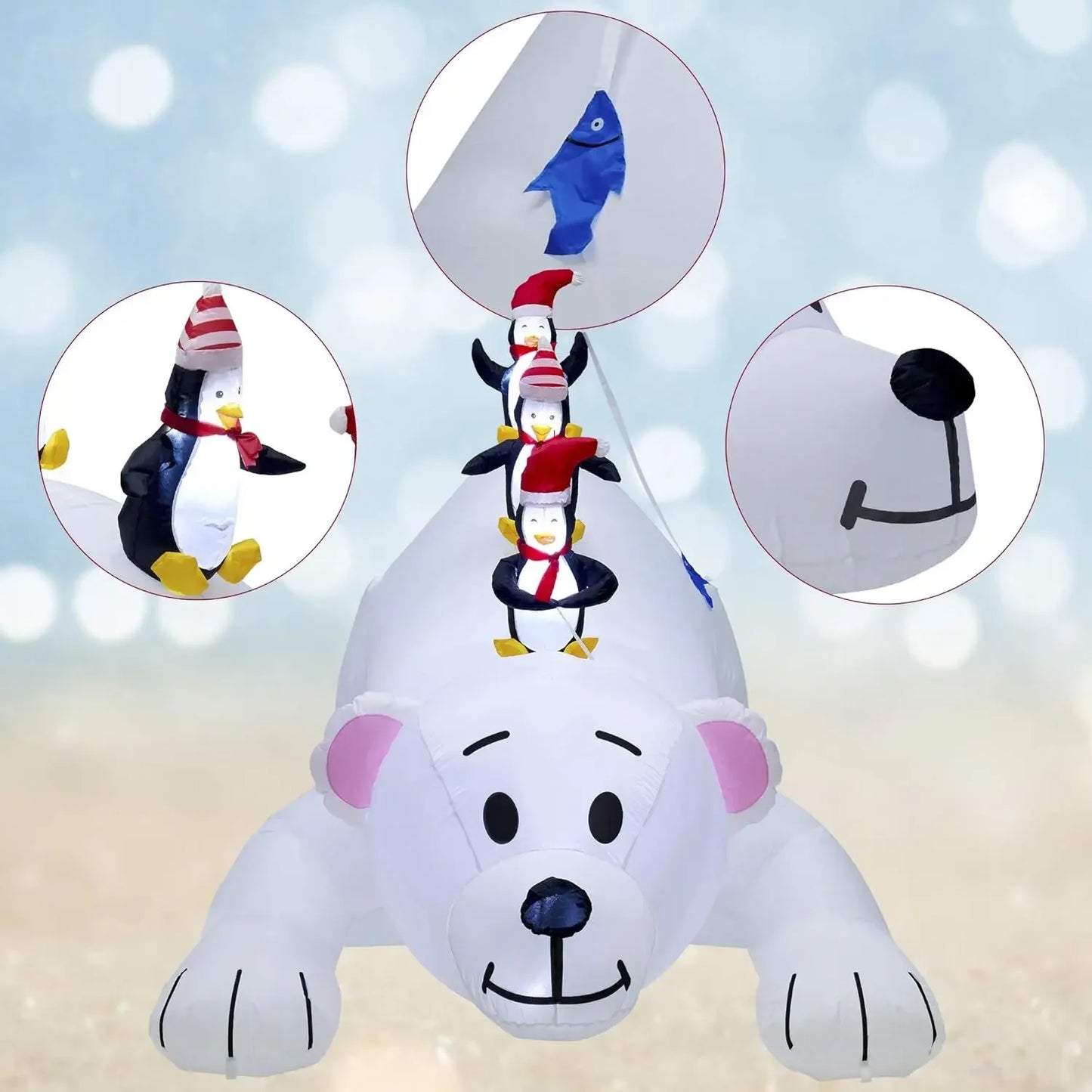 Christmas 7.7(L) x 6 FT(H) Inflatables Lighted Polar Bear with Three Penguins