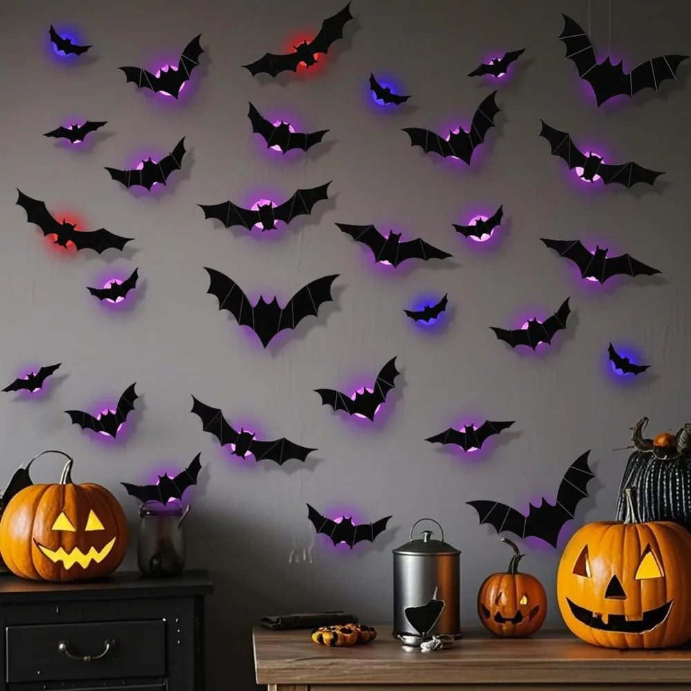 12-24-36 pcs Halloween Bats Wall Decor - Lighted 3D Bat Stickers for Party Window Door