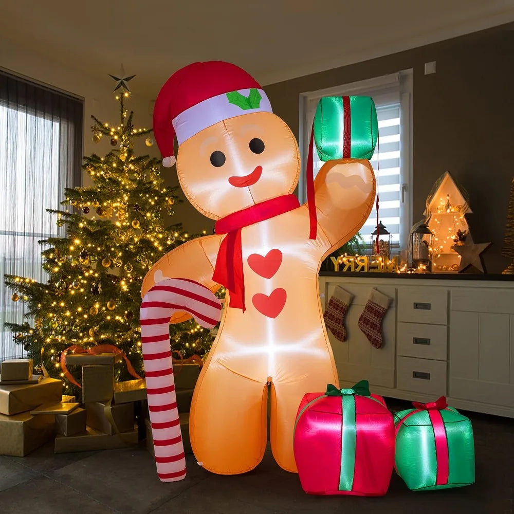 8FT Inflatable Gingerbread Man with Candy Cane and Three Gift Boxes