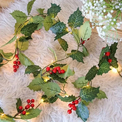 Christmas Holly Berry Vines Fake Green Leaves Hanging Garlands with Light Strings f