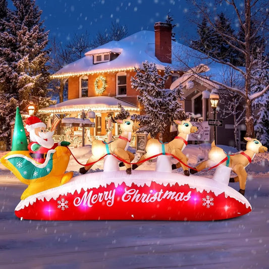 10FT Long Christmas Inflatables Santa Claus with Reindeer Sleigh Outdoor Decorations