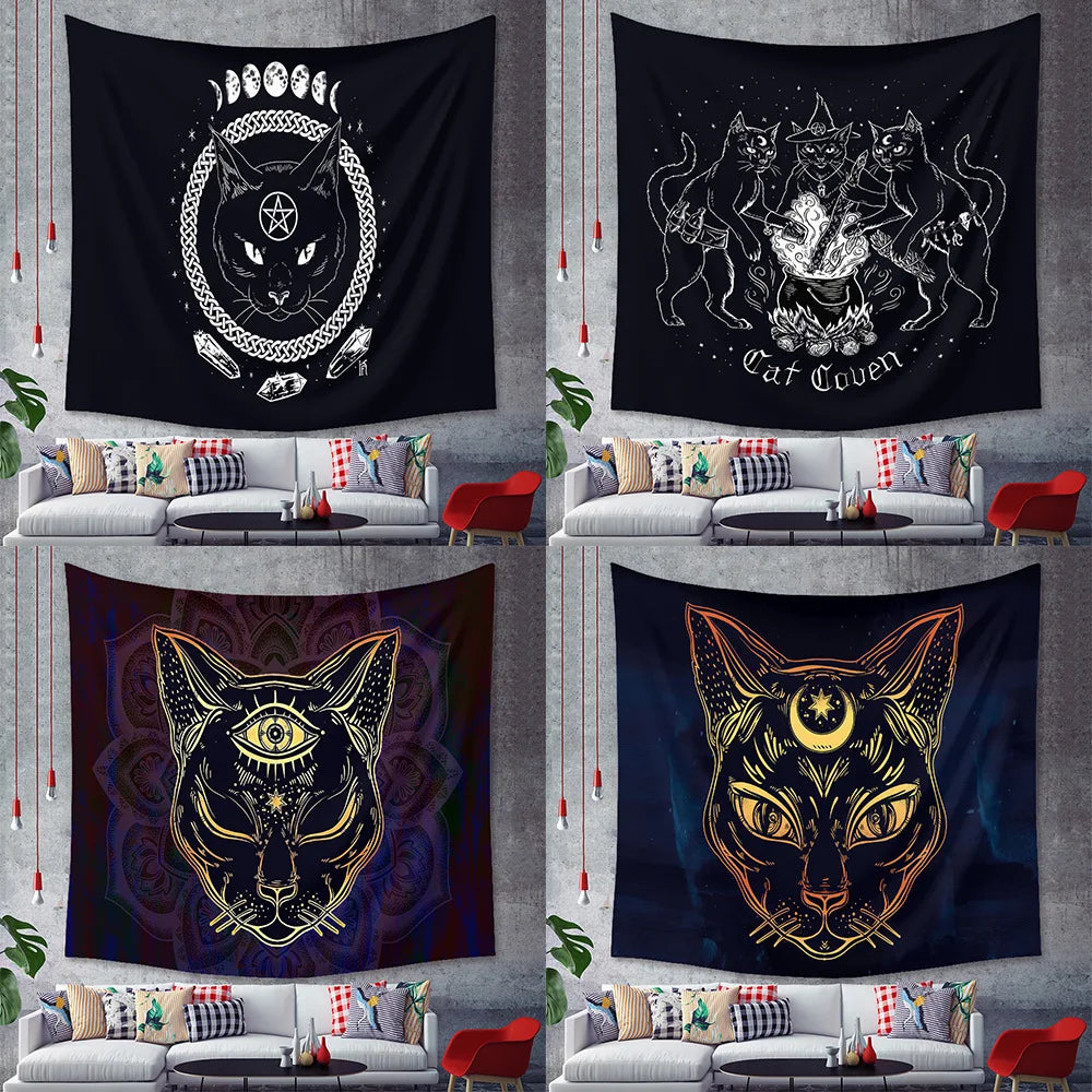 Home decor black cat tapestry moon goth tattoo halloween art wall hanging