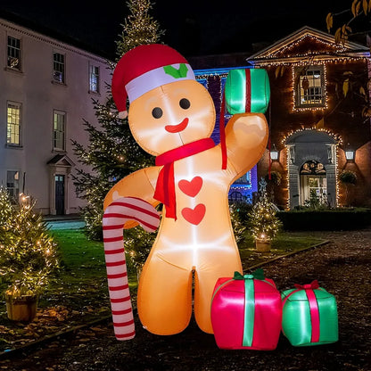 8FT Inflatable Gingerbread Man with Candy Cane and Three Gift Boxes