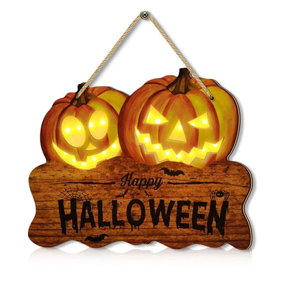 Light - up Wooden Halloween Sign with Two Pumpkin Jack