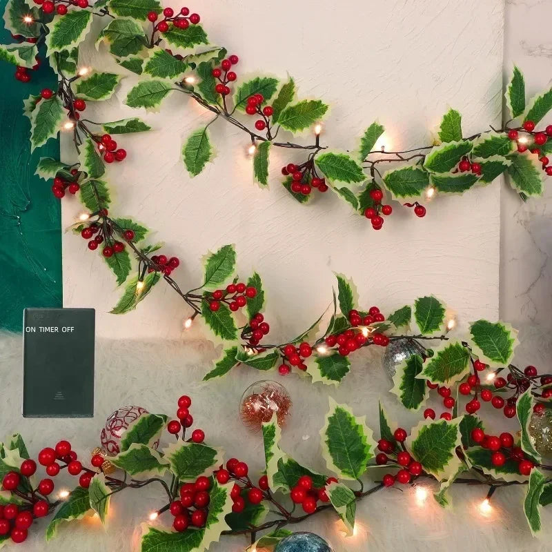 Christmas Holly Berry Vines Fake Green Leaves Hanging Garlands with Light Strings f