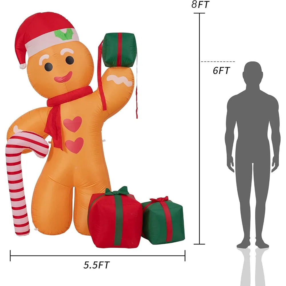 8FT Inflatable Gingerbread Man with Candy Cane and Three Gift Boxes