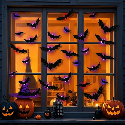 12-24-36 pcs Halloween Bats Wall Decor - Lighted 3D Bat Stickers for Party Window Door