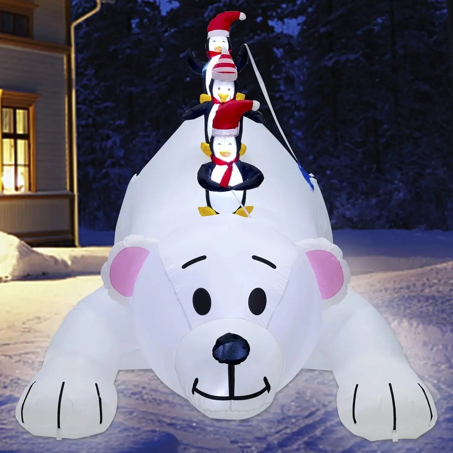 Christmas 7.7(L) x 6 FT(H) Inflatables Lighted Polar Bear with Three Penguins