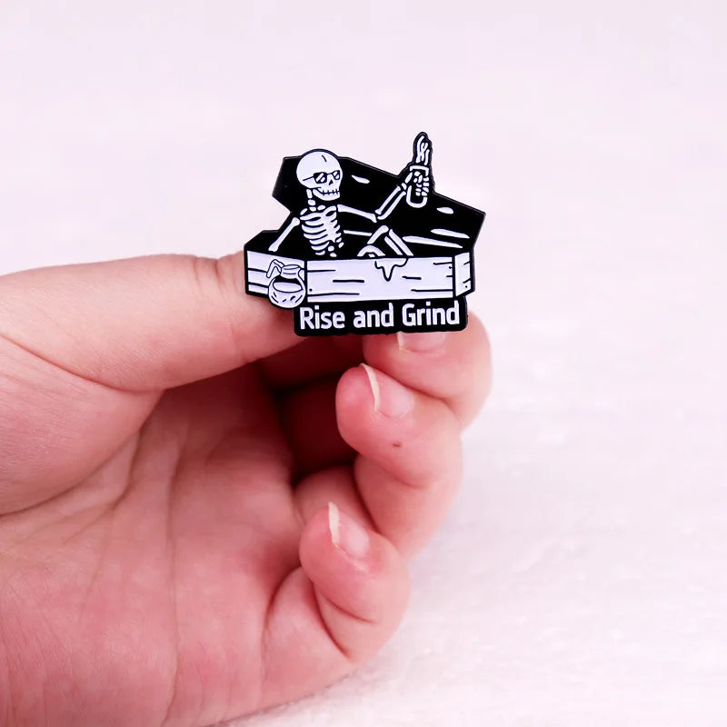 Rise And Grind Enamel Pins Skull Brooch