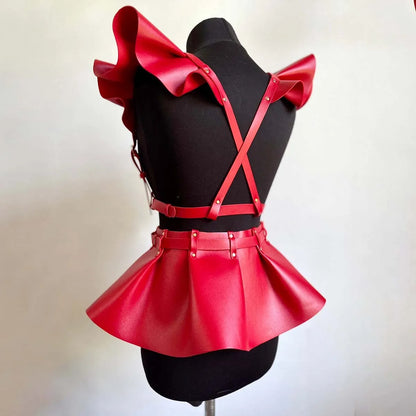 Leather Body Harness Belt Skirt With Ruffle Hem Gothic Style