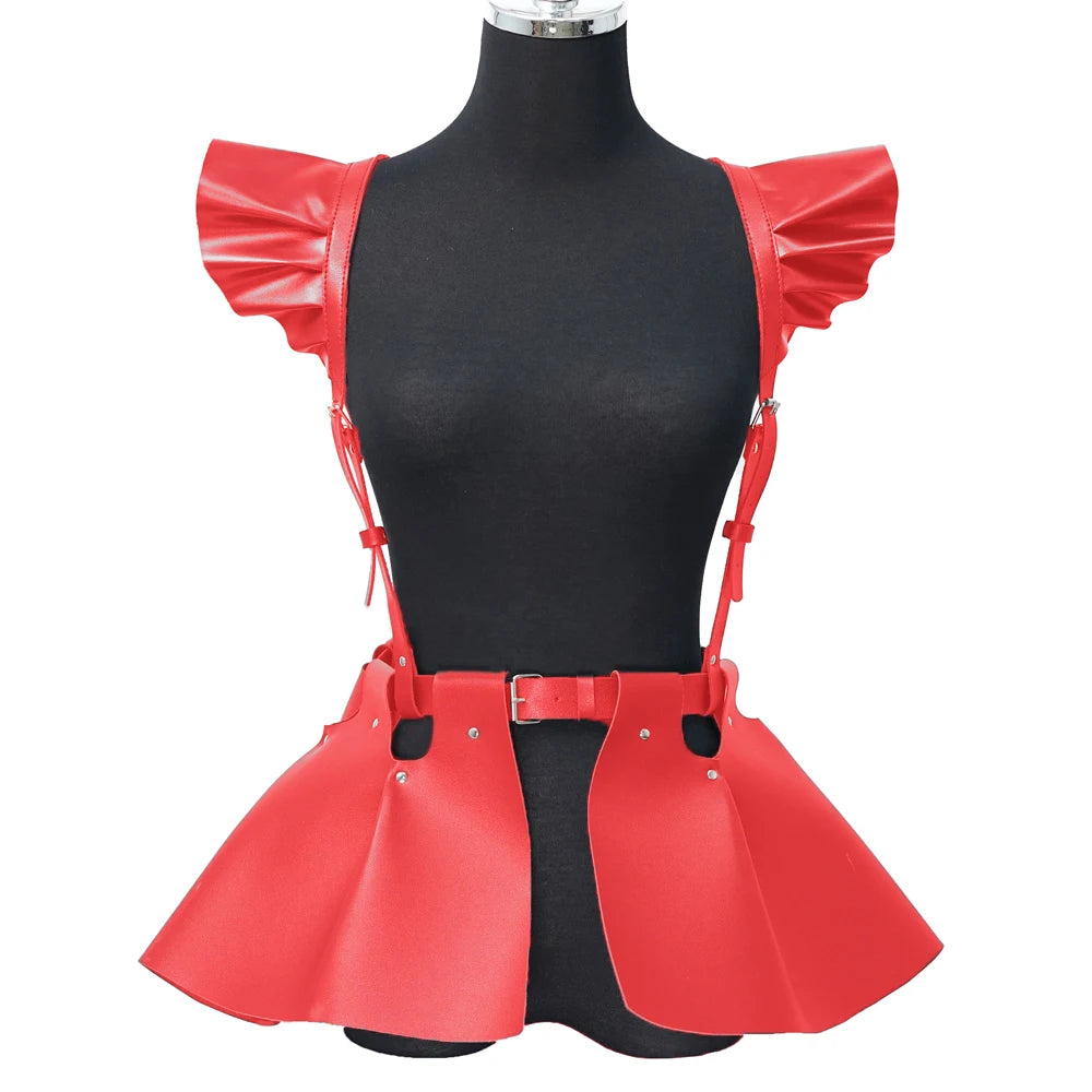 Leather Body Harness Belt Skirt With Ruffle Hem Gothic Style